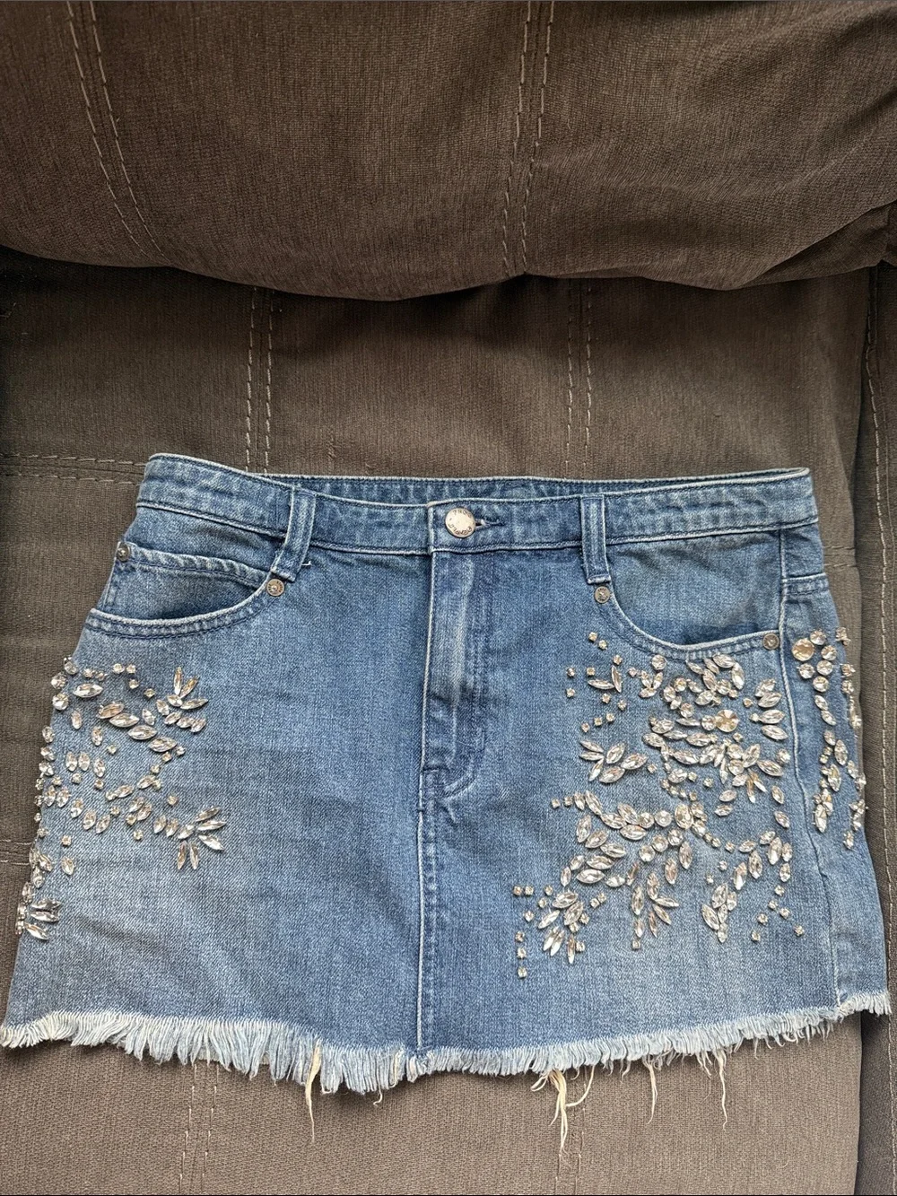 Free People Embellished Blue Denim Mini Skirt